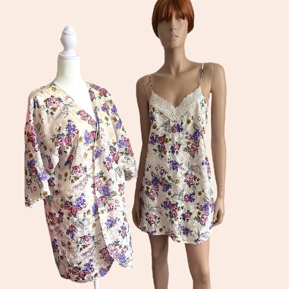 Vintage California Miss Set Size Small Purple Floral Satin Nightgown Robe - Picture 1 of 10